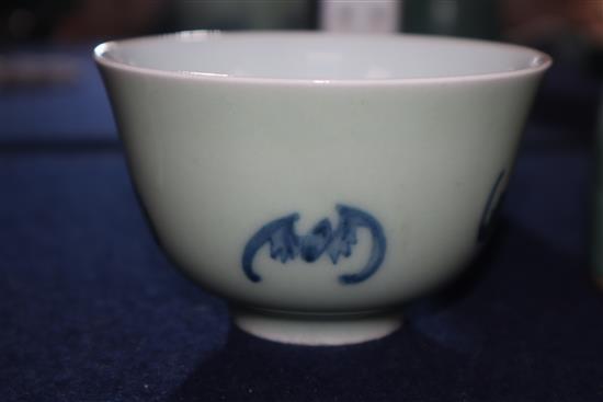 A Chinese blue and white tea bowl and a Chinese green glazed ink pot tallest 6cm